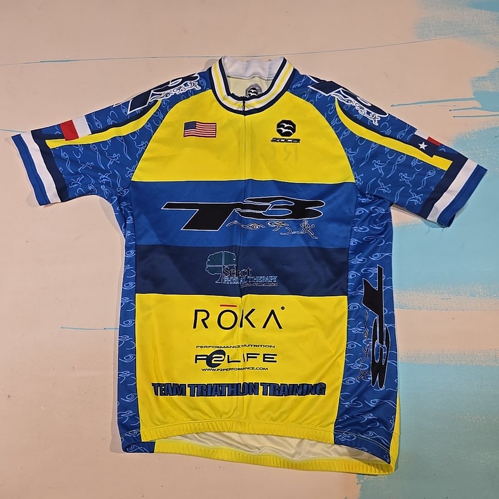 Zoca XL Cycling Jersey Triathlon T3 Roka Blue Yellow Team Training Austin TX USA